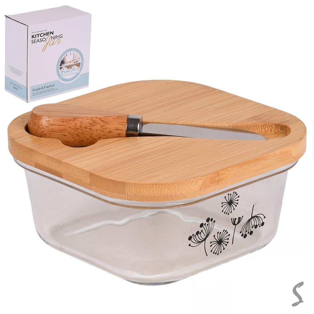 Масленка из стекла с ножом и бамбуковой крышкой 13,5х13,5х6 см (R34372) - фото 3 Масленка из стекла с ножом и бамбуковой крышкой 13,5х13,5х6 см (R34372) - фото 3