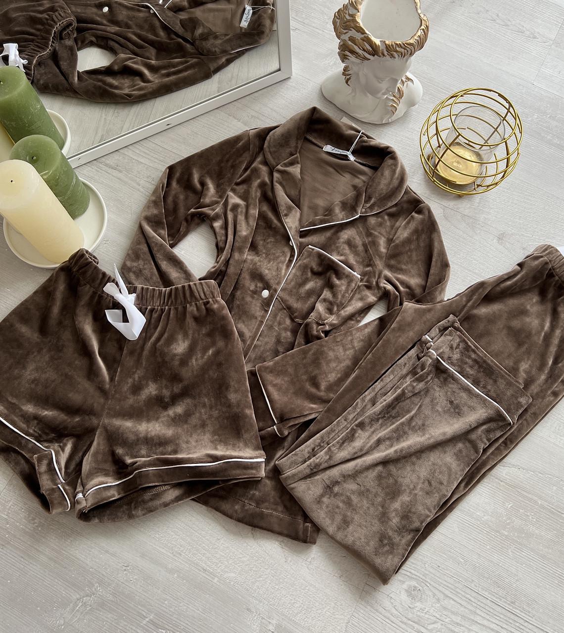 Піжама жіноча трійка сорочка/штани/шорти M Шоколадний (0777 M brown)