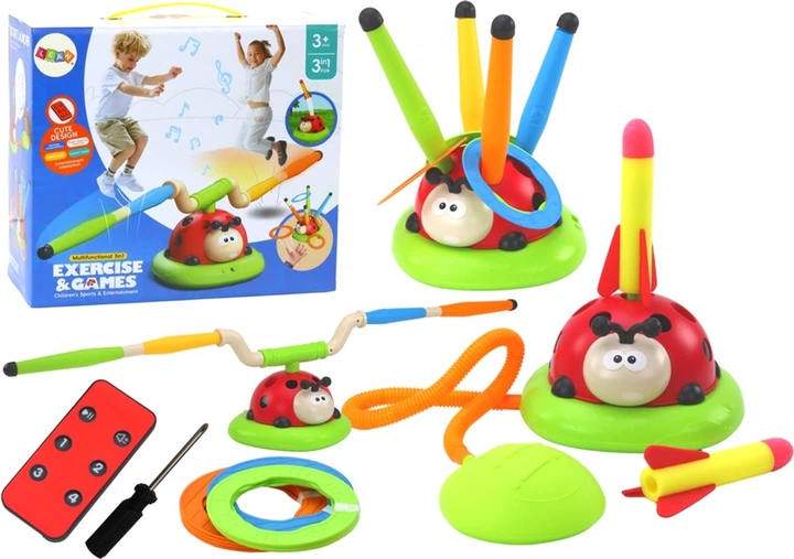 Детский игровой набор A-Toys 3в1 Божья коровка прыжки через палку/метание колец/запуск ракеты/джампер с пультом/музыка/12 колец