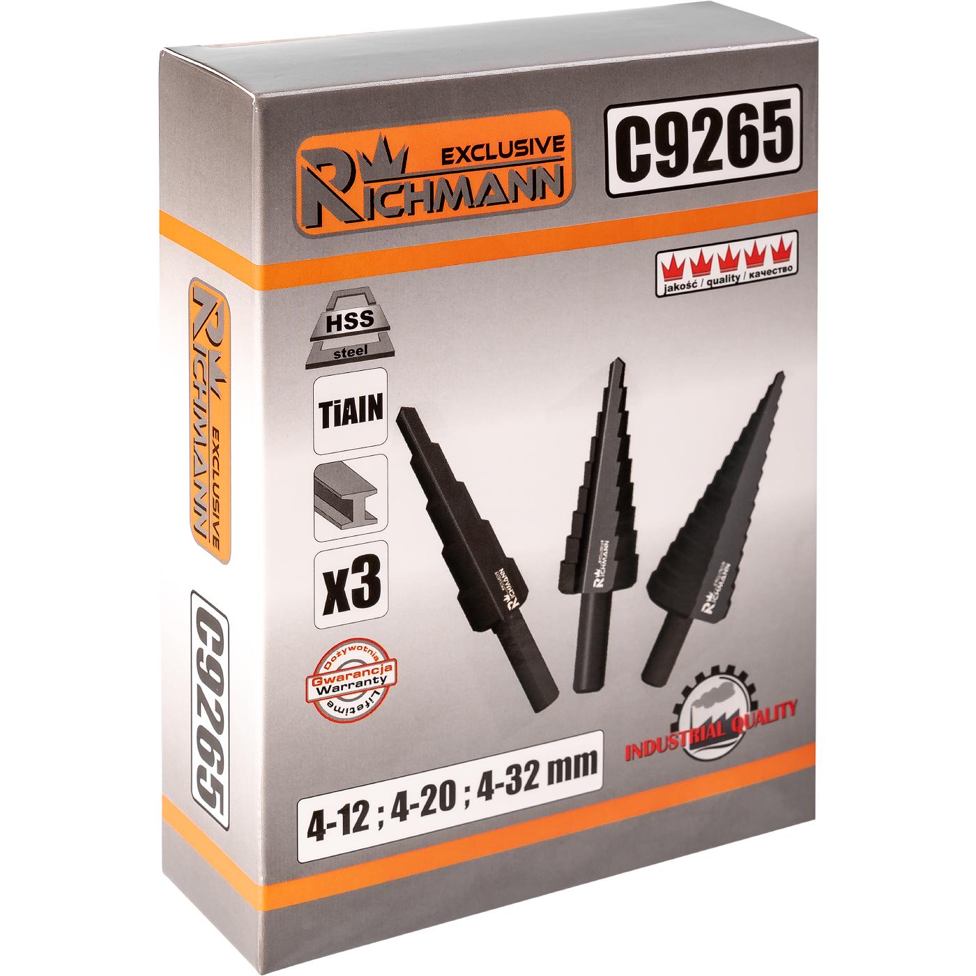 Ступінчасті свердла Richmann набір 3 шт. по металу HSS 4-12 мм/4-20 мм/4-32 мм металевий кейс (C9265) - фото 5