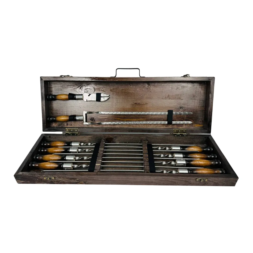 Набір шампурів у кейсі Преміум середній дерев'яний з нержавіючої сталі (2-10-KS-7612)