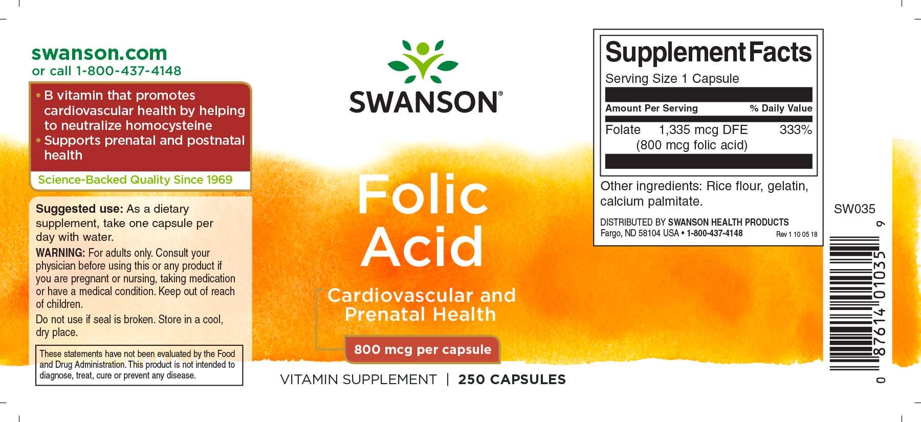 Фолиевая кислота Swanson Folic Acid 800 mcg 250 Caps - фото 2