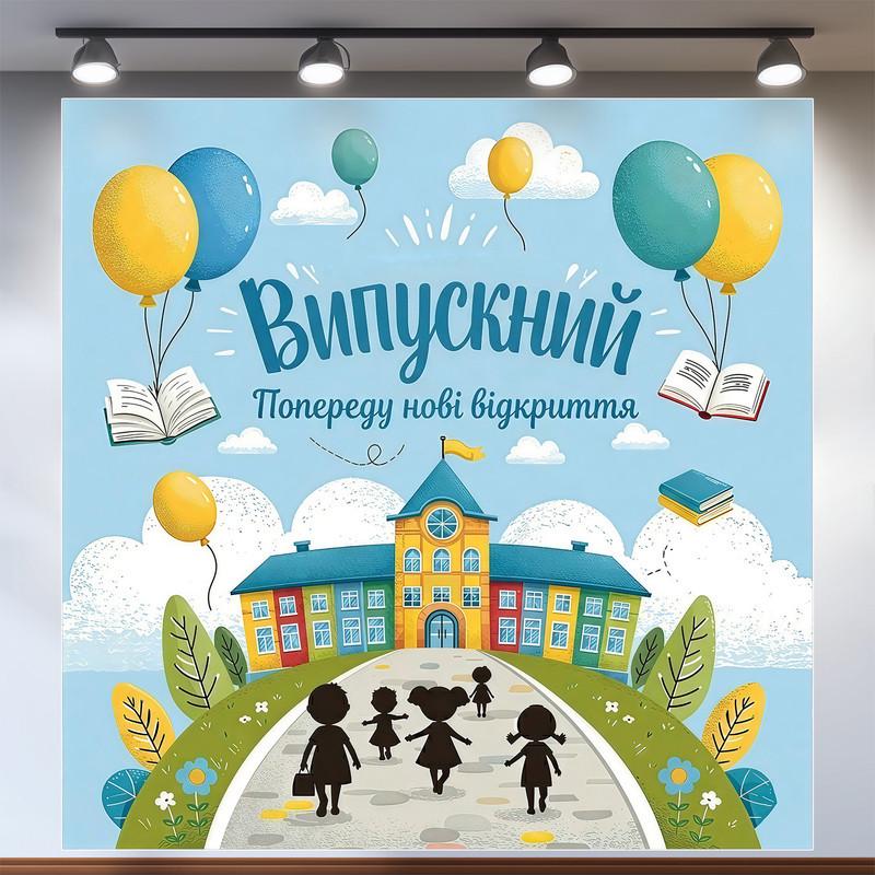 Баннер для фотозоны "Випускний попереду нові відкриття" со зданием садика и шариками 160х160 см