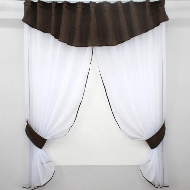 Шторки с ламбрекеном на кухню 270х170 см Белый/Коричневый (084к)