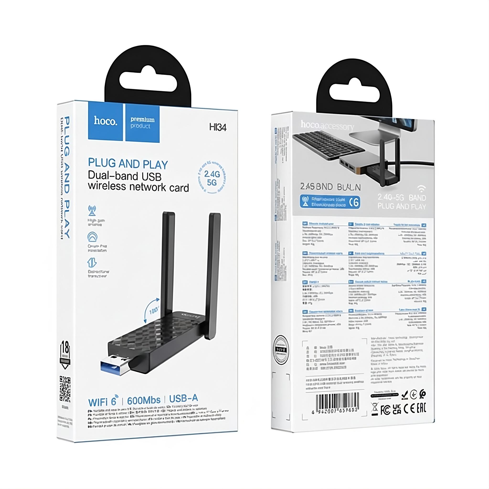 Адаптер беспроводной Hoco HI34 USB WiFi6 2,4/5 ГГц до 600 Мбит/с Черный (30775375) - фото 2