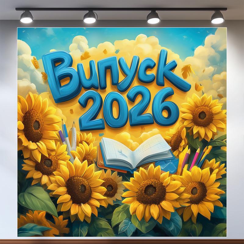 Баннер для фотозоны "Випуск 2026" голубая надпись в окружении подсолнечников открытой книги и карандашей 160x160 см №41011