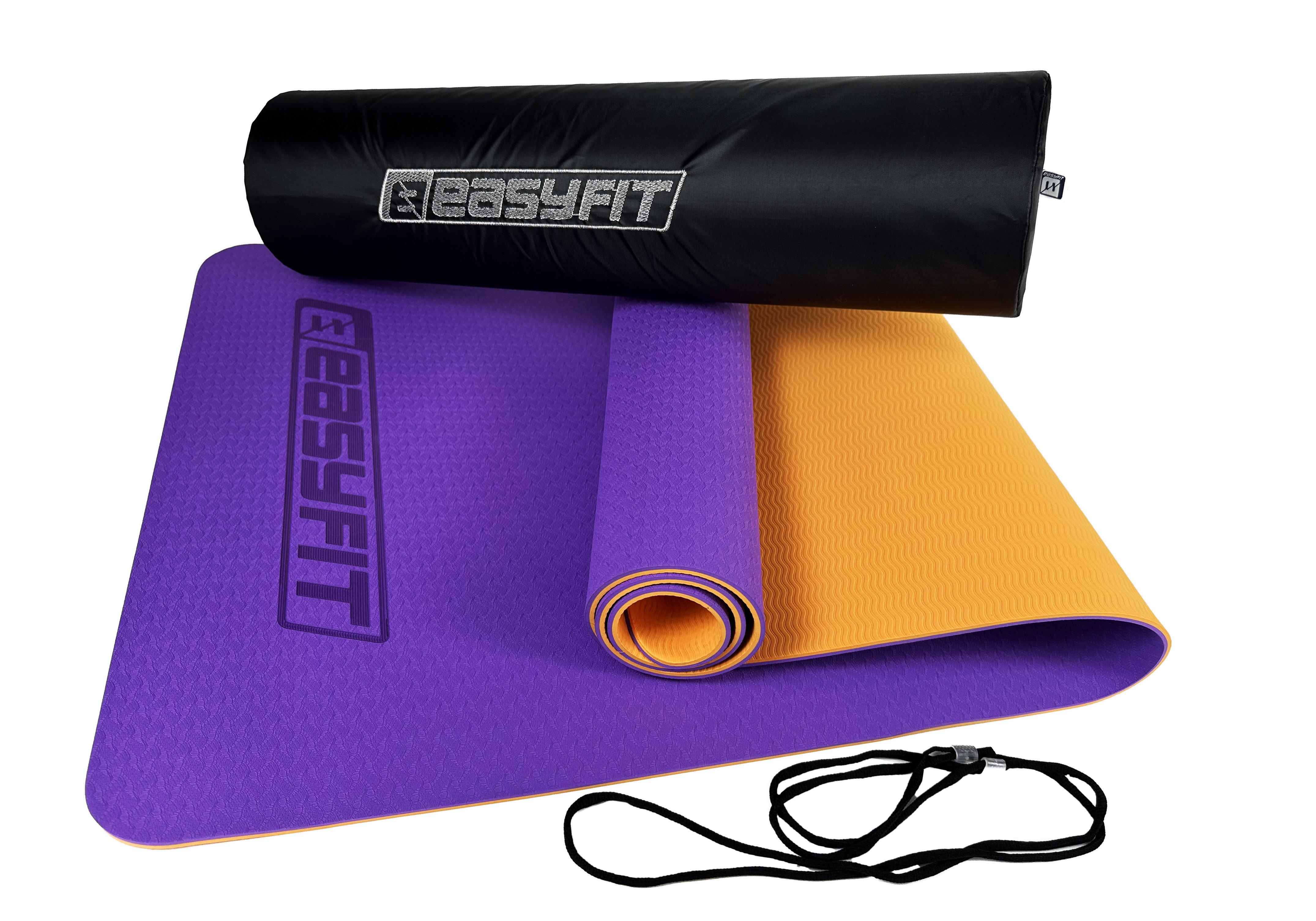 Коврик для йоги и фитнеса EasyFit TPE+TC двухслойный с чехлом 6 мм Фиолетовый/Оранжевый
