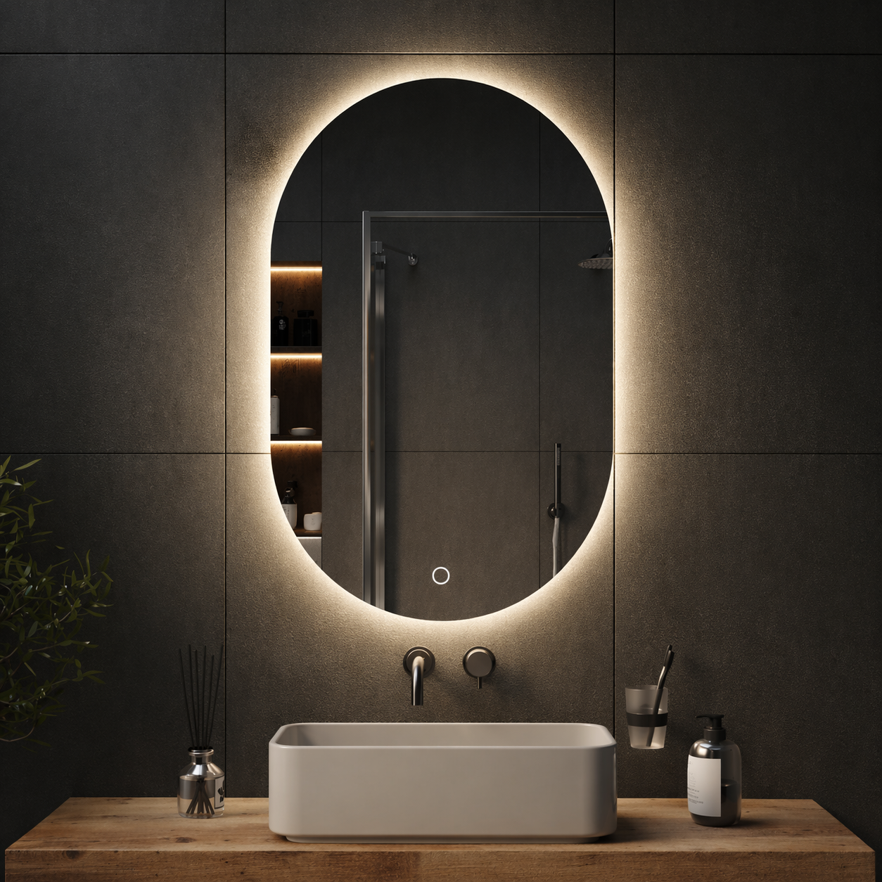 Дзеркало овально-капсульне FLO5S LED з сенсорною кнопкою на алюмінієвому каркасі 500х1200 мм (455650-120)
