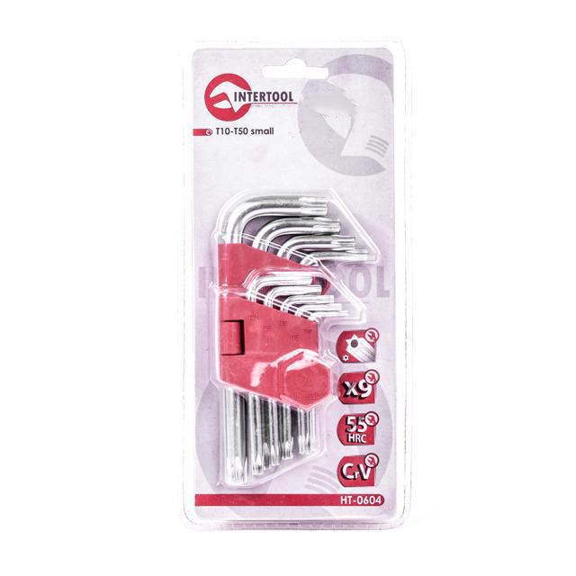 Ключ звездочный Intertool Cr-V TORX с отверстием L-образный Т10-Т50 набор 9 шт. (000028008)