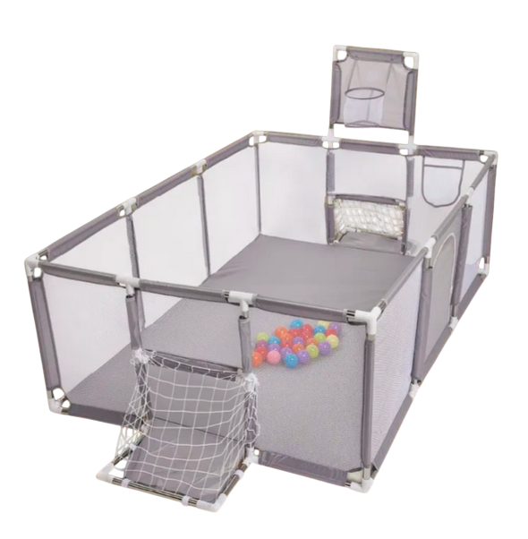 Детский игровой манеж-ограждение с баскетбольной корзиной и футбольными воротами 180х125х62 см Серый (Е500304)