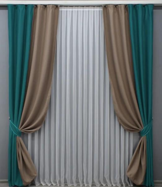 Комплект комбинированных штор 1,4х2,7 м 2 шт. Изумрудный/Темно-бежевый (014дк/1297-1120ш)