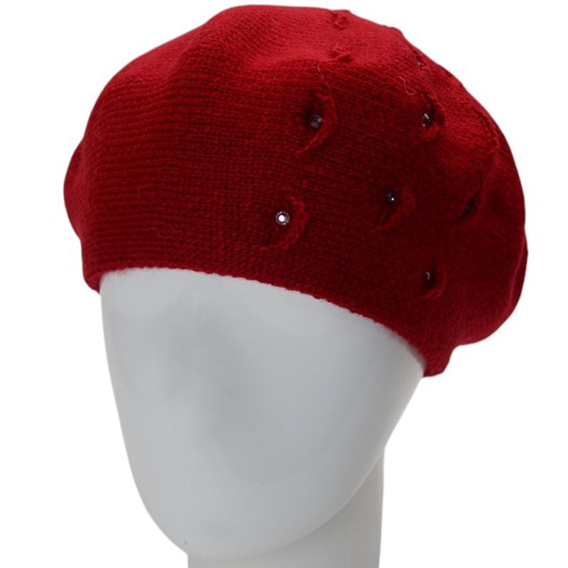 Берет женский двойной Lirus Суфле с узором и стразами Красный