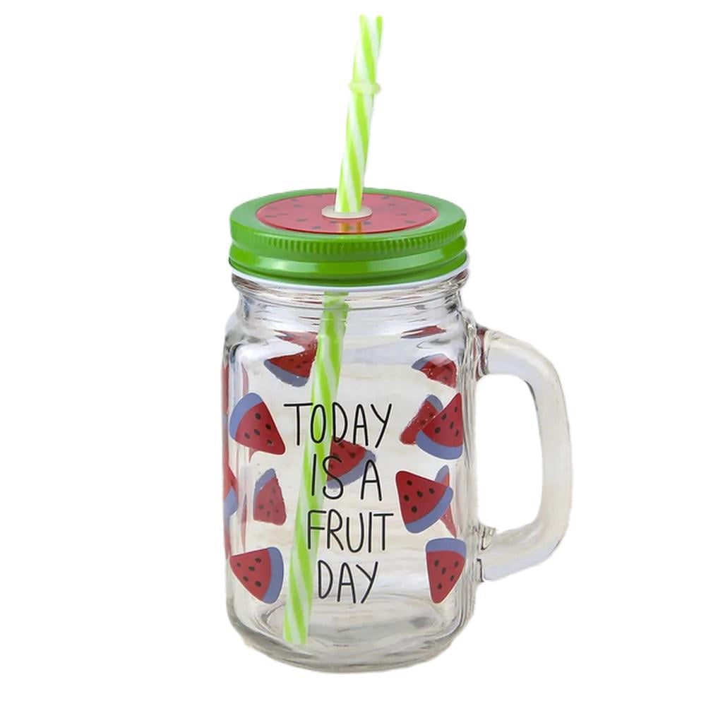 Чашка-банка Stenson R93378 с крышкой и трубочкой 450 мл