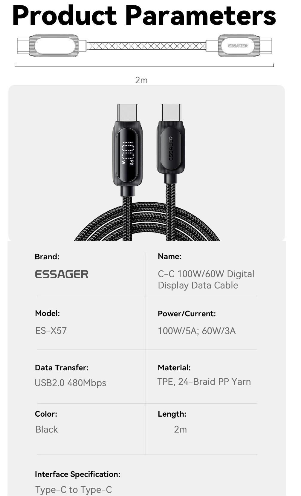 Кабель Essager Type-C PD 100w Fast Charge Black 2 м (26720013) - фото 8