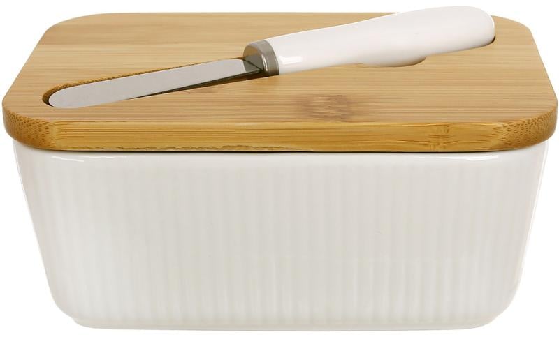Масленка фарфоровая BonaDi с бамбуковой крышкой и ножом для масла 14х10х6 см