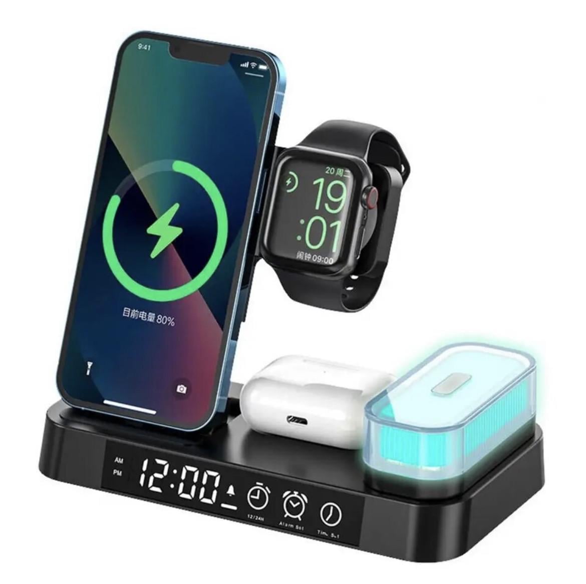 Бездротова зарядка 30W 5в1 для Apple Watch/Airpods/IPhone з нічником RGB black