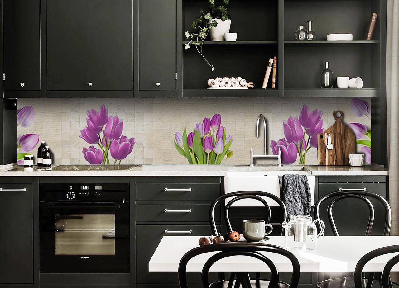 Кухонный фартук Тюльпаны на плитке из самоклеющейся виниловой пленки 65х250 см Бежевый