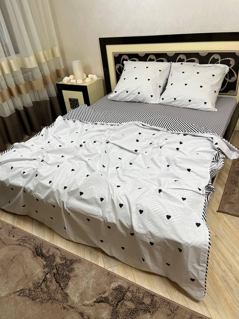 Комплект постельного белья Сердца хлопковый полуторный 150х220/50х70 см Белый