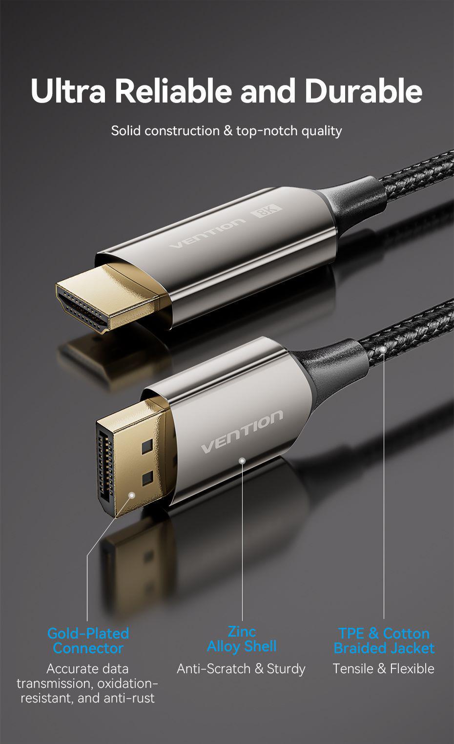 Кабель Vention DisplayPort-HDMI 8K 60Hz 4K 144Hz 2K 165Hz DP 1.4 до HDMI 2.1 відеоконвертер HDCP 2.3, HDR 10, DSC 1,8 м Чорний (HFPBAC) - фото 2 Кабель Vention DisplayPort-HDMI 8K 60Hz 4K 144Hz 2K 165Hz DP 1.4 до HDMI 2.1 відеоконвертер HDCP 2.3, HDR 10, DSC 1,8 м Чорний (HFPBAC) - фото 2