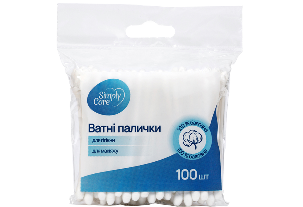 Ватні палички косметичні Simply Care з єврослотом 100 шт. (COM12551)