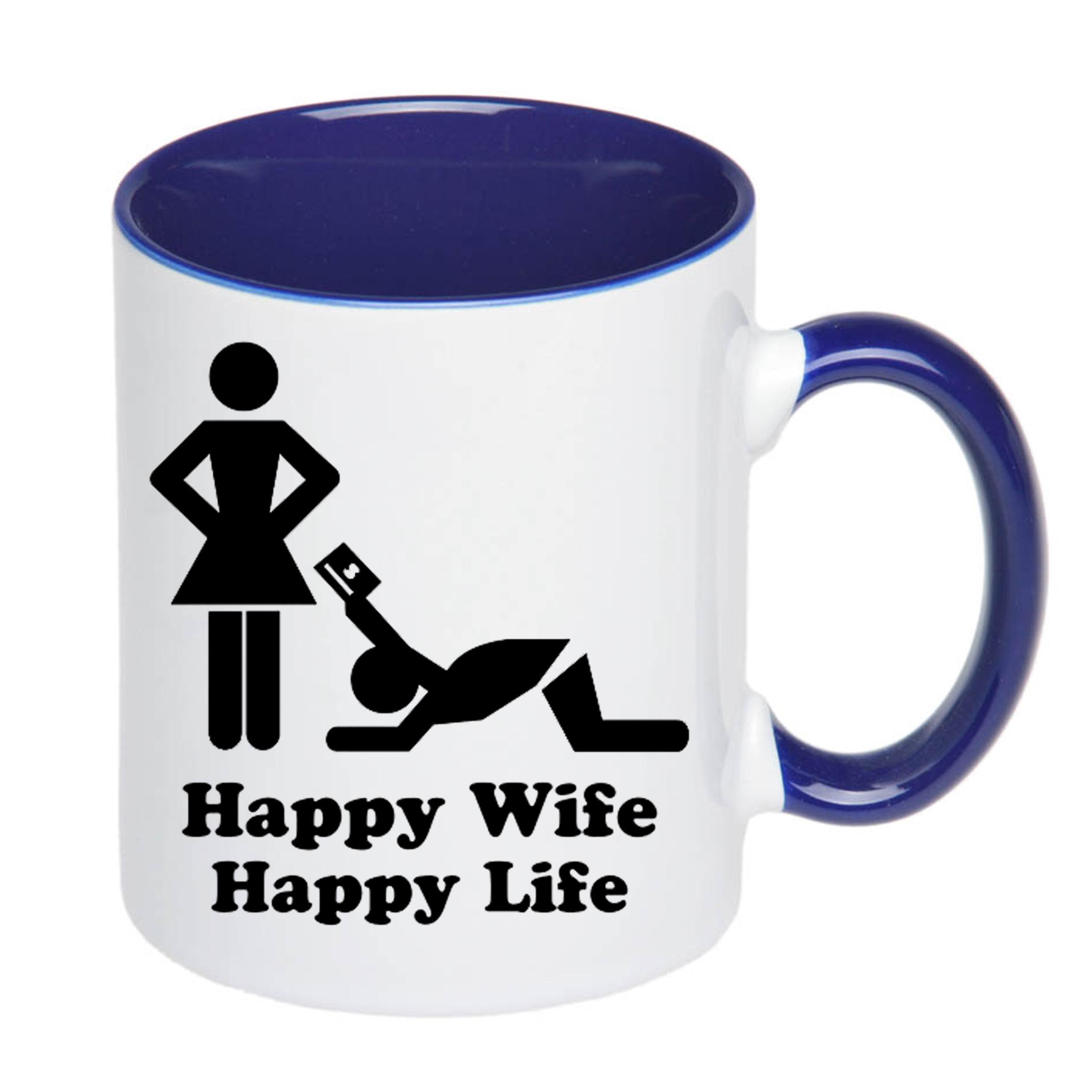 Чашка з друком Happy wife happy life 330 мл Синій (22717) - фото 2 Чашка з друком Happy wife happy life 330 мл Синій (22717) - фото 2