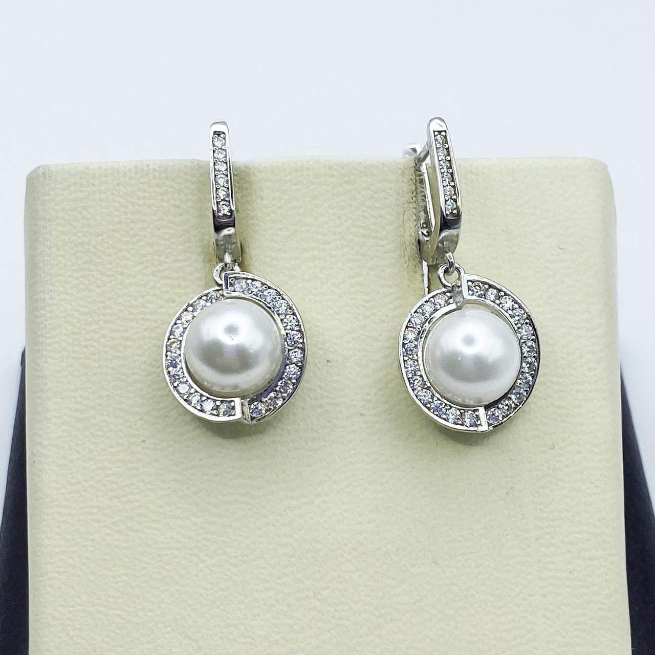 Серьги серебряные с жемчугом и кубическим цирконием 6,61 г (2203802868)