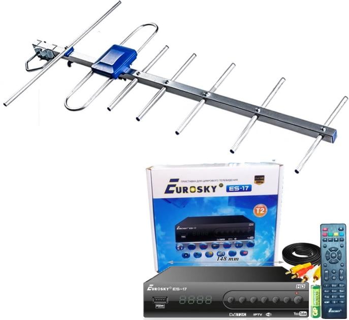 Тюнер Eurosky ES-17 DVB-T2/антенна внешняя Т2 Eurosky Favorit с усилителем 55