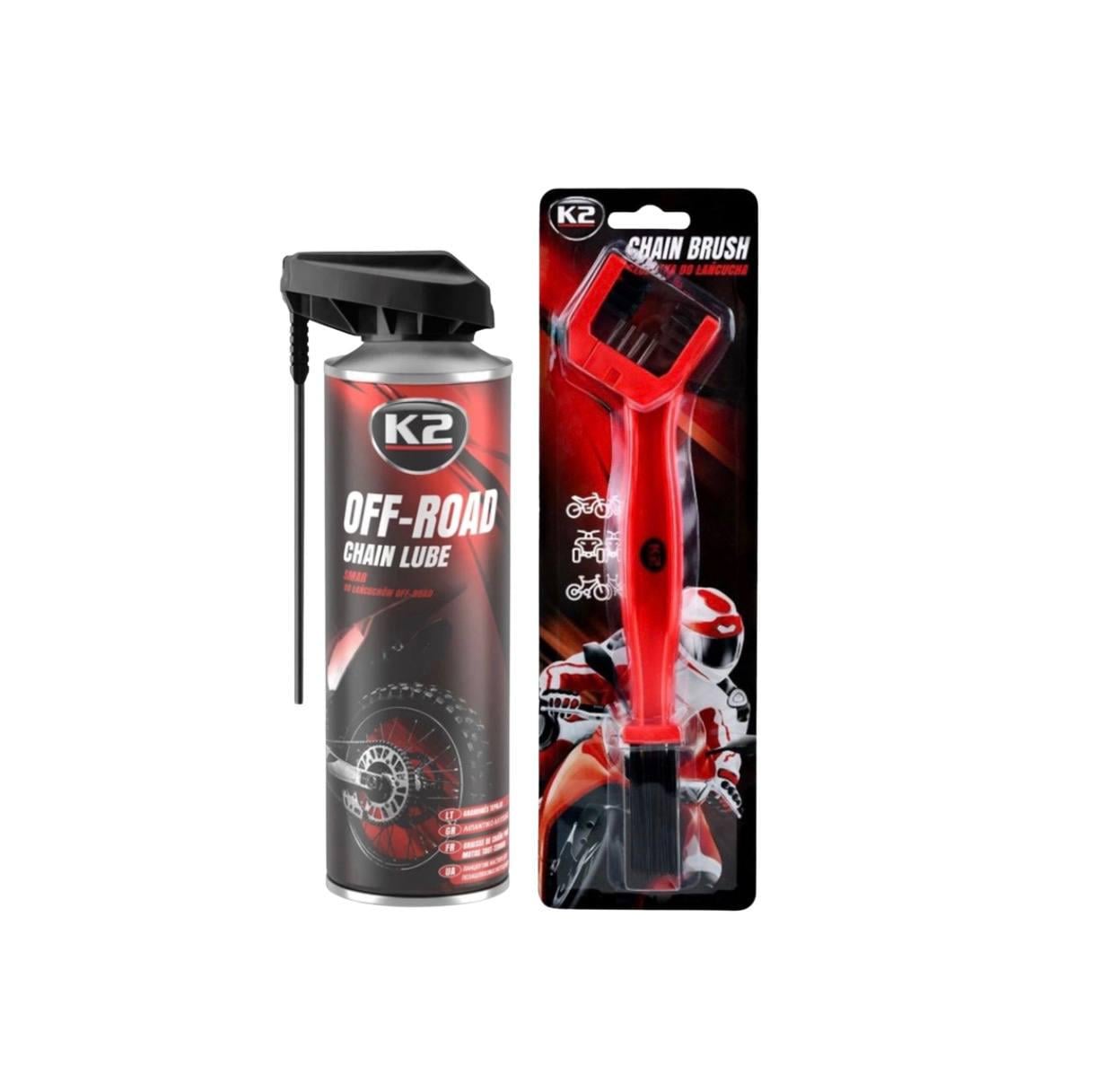 Набор по уходу за цепью мотоцикла K2 Off-Road Chain Lube 500 мл и щетка для очистки цепи Chain Brush Набор по уходу за цепью мотоцикла K2 Off-Road Chain Lube 500 мл и щетка для очистки цепи Chain Brush