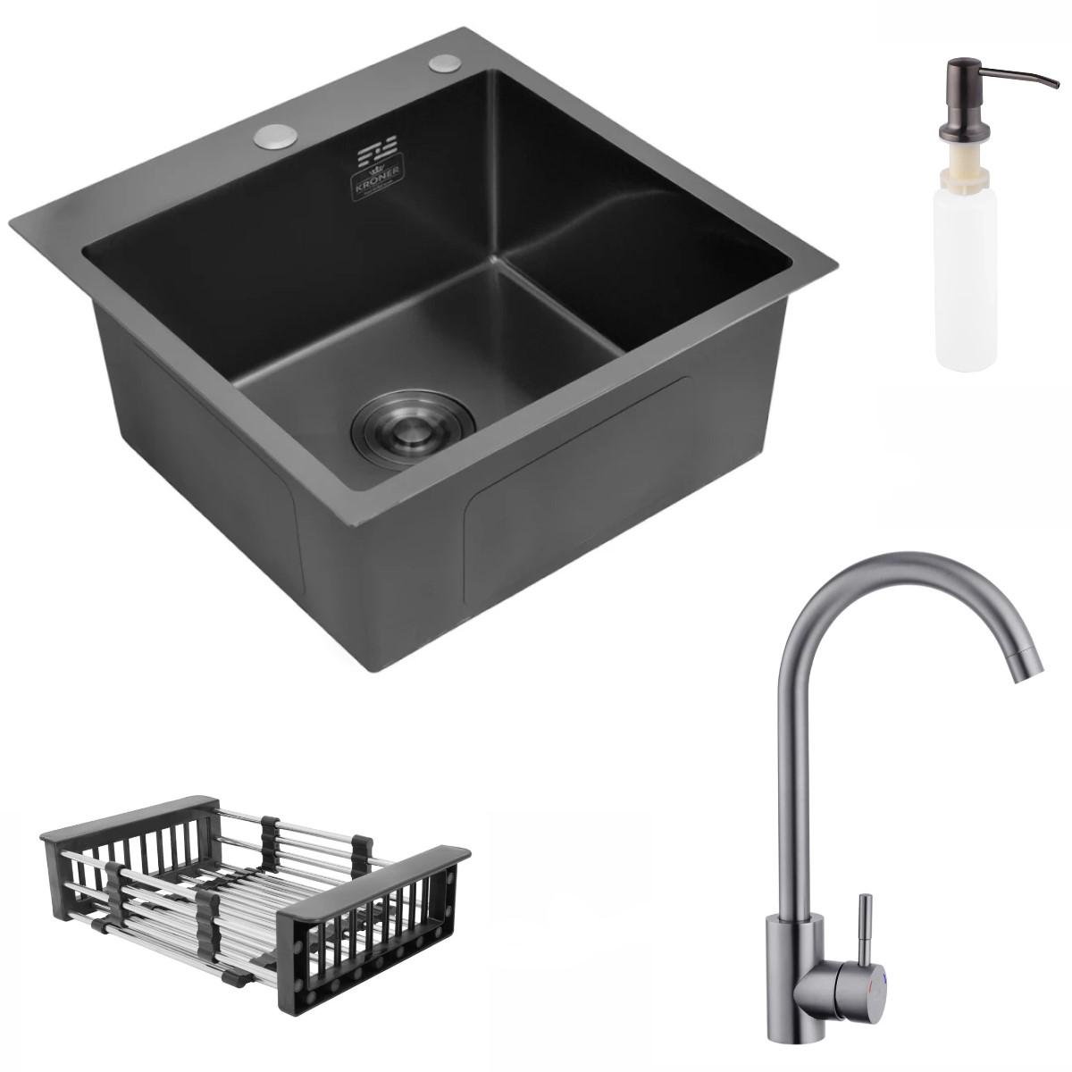 Мийка Kroner KRP Schwarze 5050HM PVD та кран для кухні KRP Edelstahl Klassisch-SCH035PVD