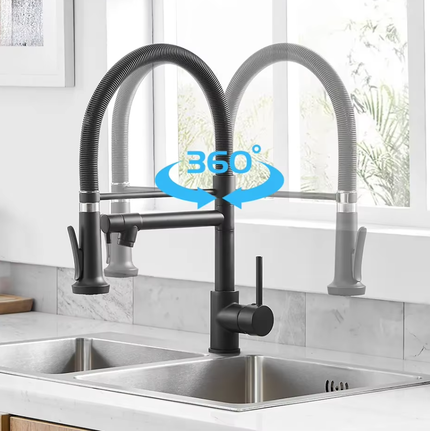 Змішувач для кухні з латуні зі стаціонарним і висувним виливом з нержавіючої сталі Чорний - фото 7 Змішувач для кухні з латуні зі стаціонарним і висувним виливом з нержавіючої сталі Чорний - фото 7