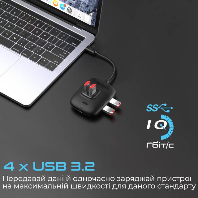 USB-C хаб Promate 5-в-1 SnapHub-4 USB-C 100W PD 4xUSB-A 3.2 Black - фото 3