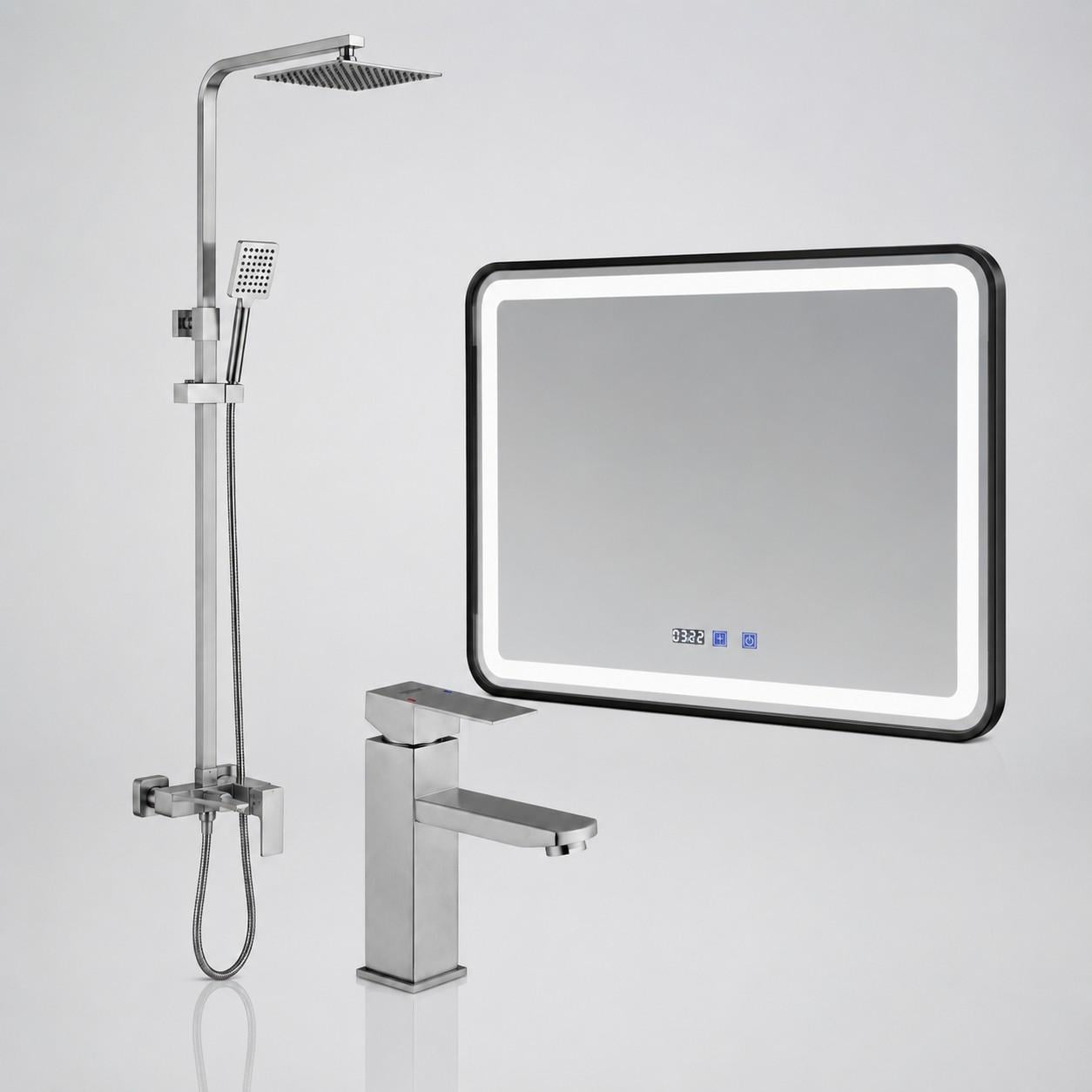 Комплект для ванной комнаты 3в1 VENTA Cult VC623LS+VENTA VC113MS+LED-зеркало 80х60 см в черной металлической раме с подогревом и подсветкой