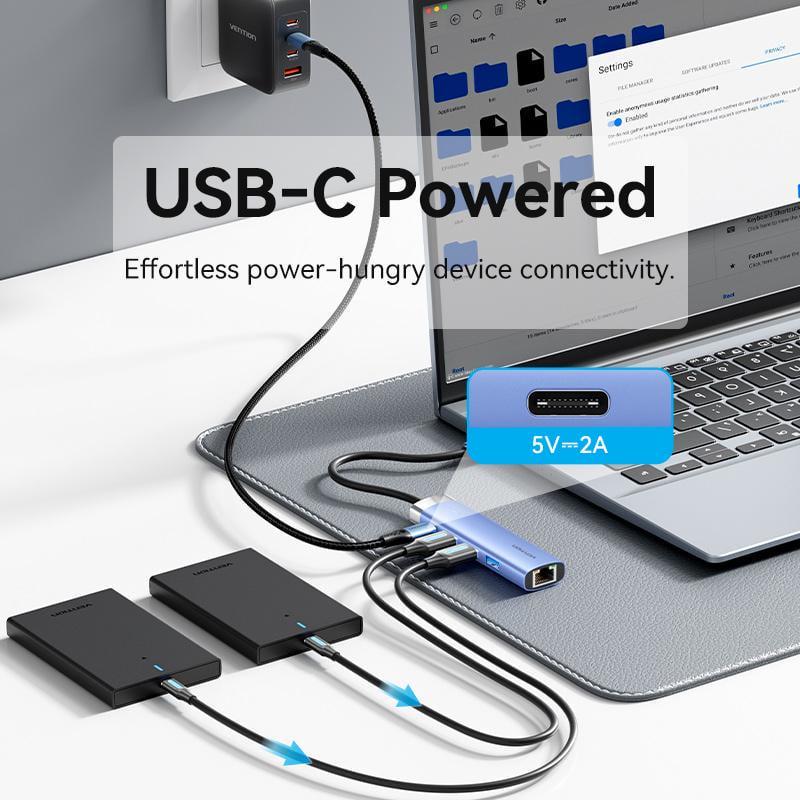USB-хаб Vention USB-3x USB 3.0/5 Гбіт/с RJ45 1 Гбіт/с Type-C USB-A Синій (TGFSB) - фото 7