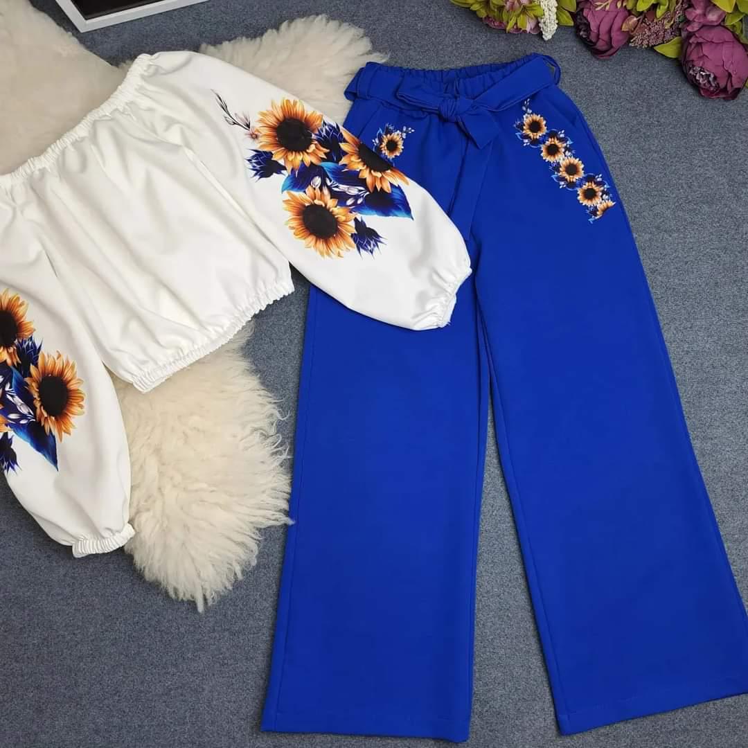 Костюм весенний двойка палаццо/топ с длинным рукавом р. 46-48 Синий