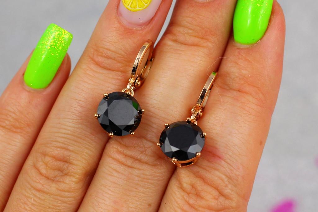 Серьги подвески Xuping Jewelry с черными камнями 10 мм 2,5 см Золотистый