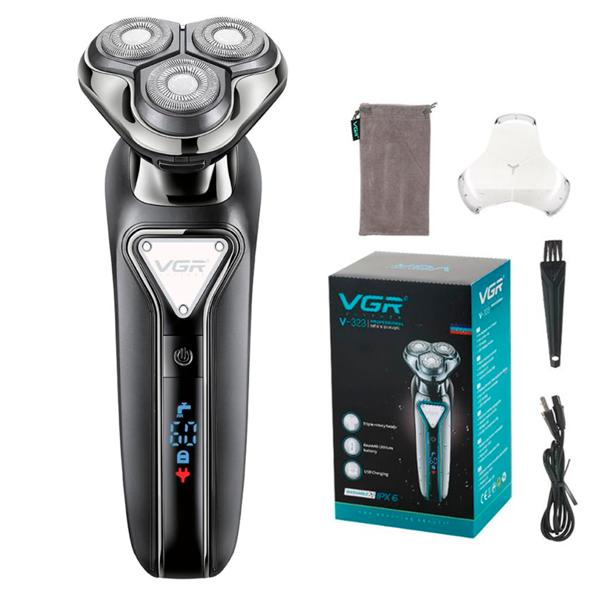 Електробритва роторна VGR V-323 IPX6 LED display 3 бритвенні головки (ML-04740)