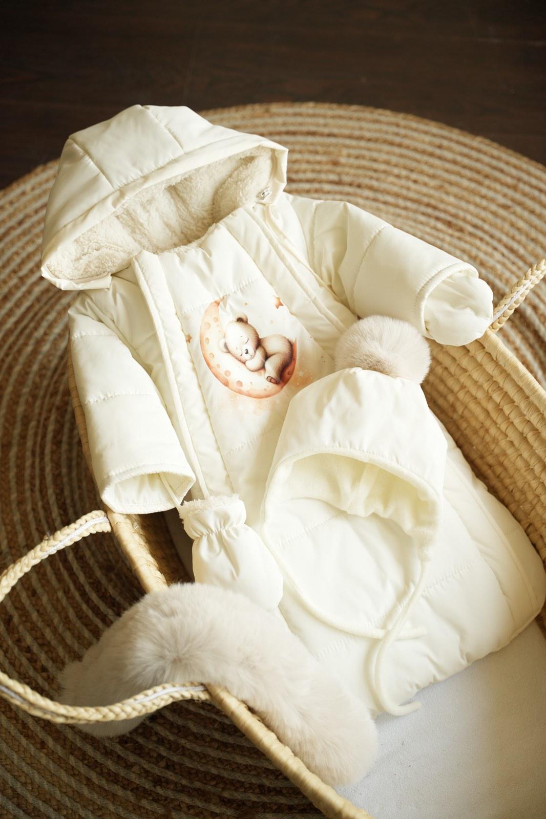 Комбинезон-мешочек с шапочкой на выписку зимний 0-6 мес. Молочный (9059) - фото 6
