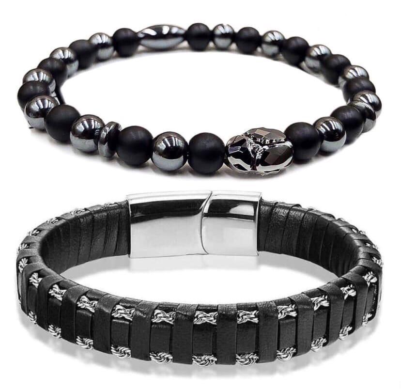 Комплект браслетів з шкіри/шунгіту/гематиту/кристалом Swarovski та срібною застібкою р. 18,5 (12088)