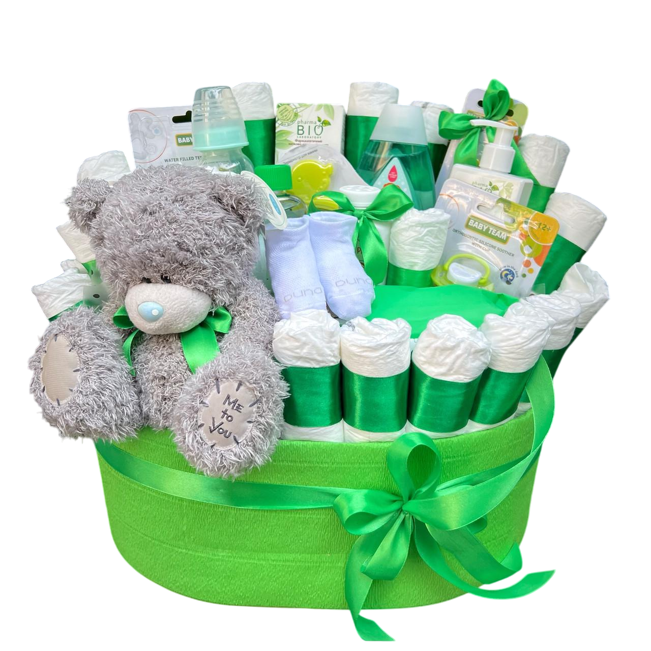 Букет з памперсами на виписку з пологового Зелений (1923338188)
