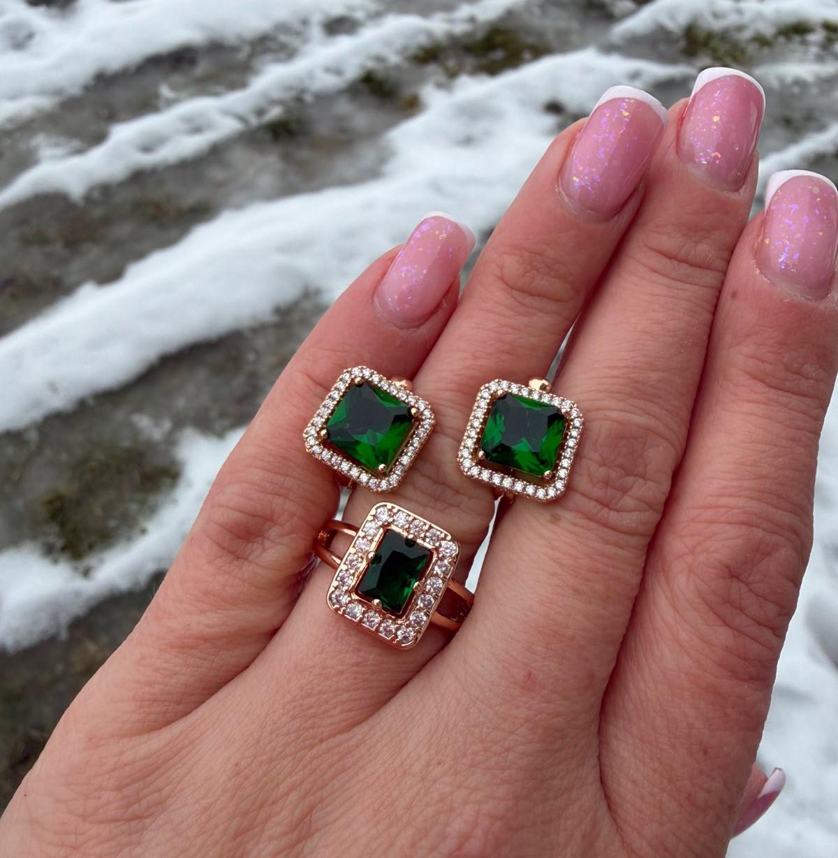 Набор украшений Xuping сабфир колечко р. 17,5/серьги в коробке 18к 585п Золотой/Зеленый (77-564)