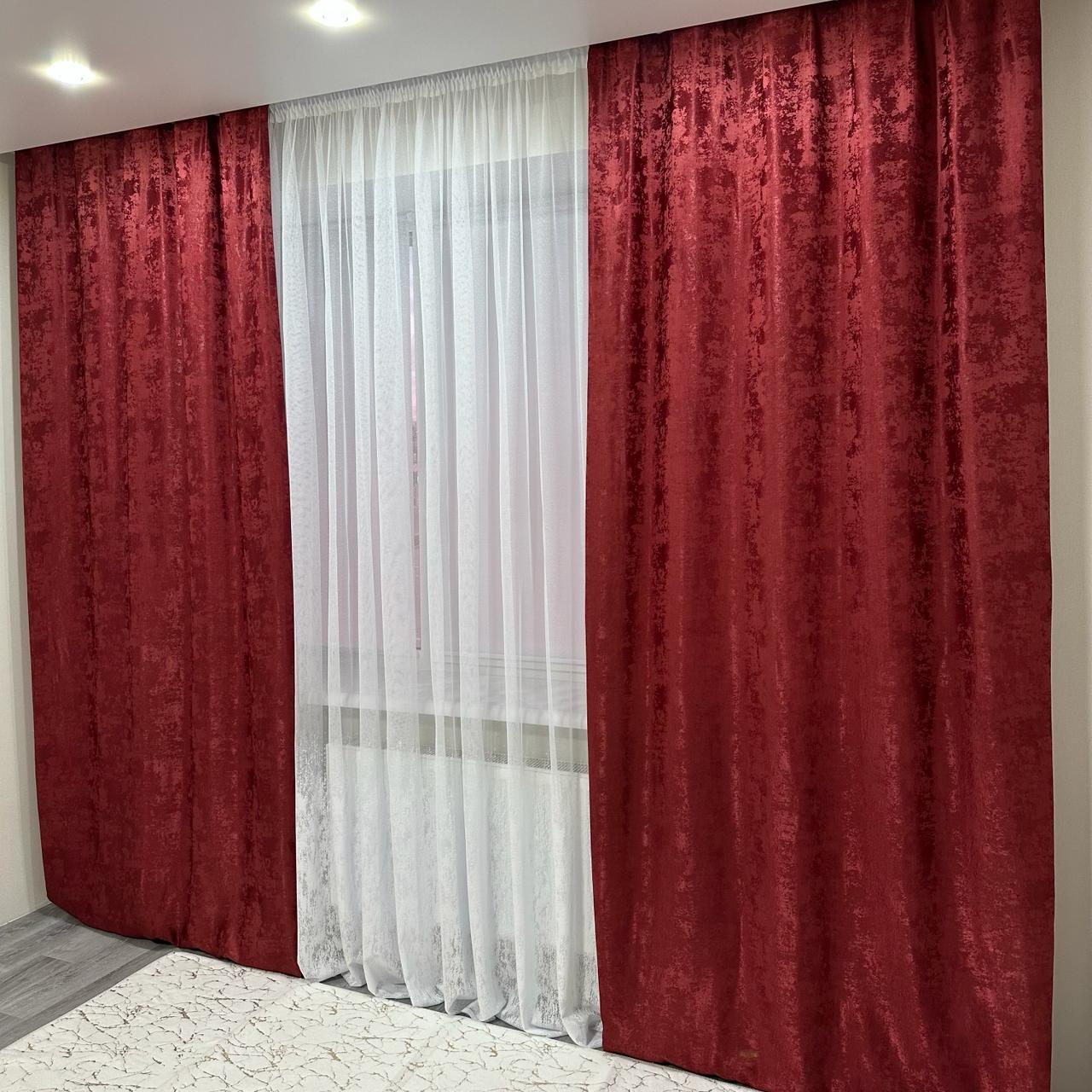 Шторы жаккардовые с мраморным узором среднее затемнение 1,5x2,7 м 2 шт. Бордовый (К1039-10) - фото 1