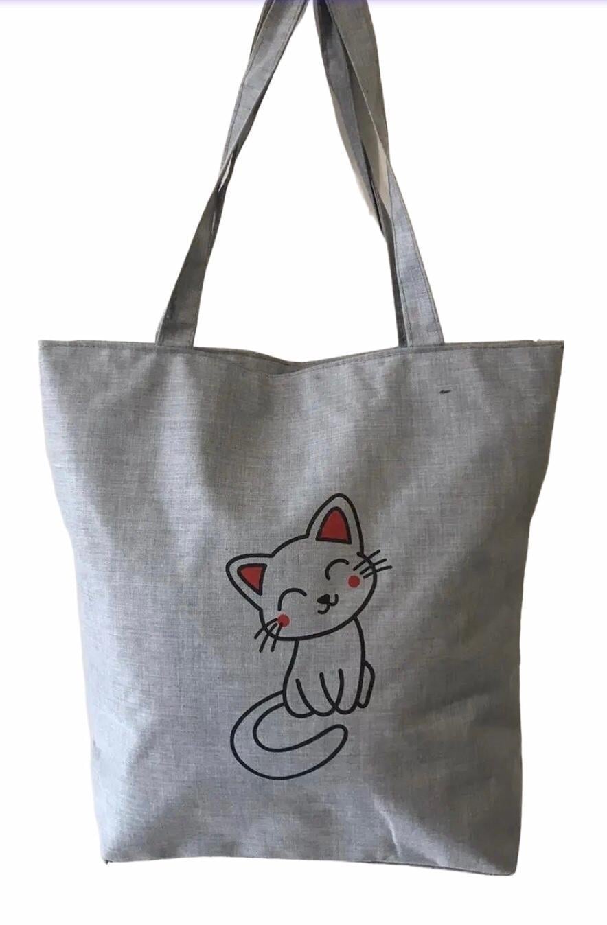 Шопер женский тканевый повседневный на молнии котик улыбается Серый (026Y)