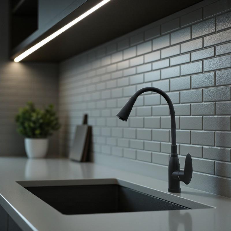 Смеситель для кухни PLAMIX CEZAR-011-B с гибким шлангом высокий однорычажный пластик Черный (b-PM0719) - фото 2