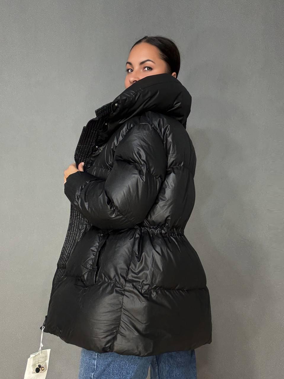 Куртка женская HAIZIYUAN 8055 пуф глянцевая удлиненная с утяжкой на талии L Черный (5582) - фото 7