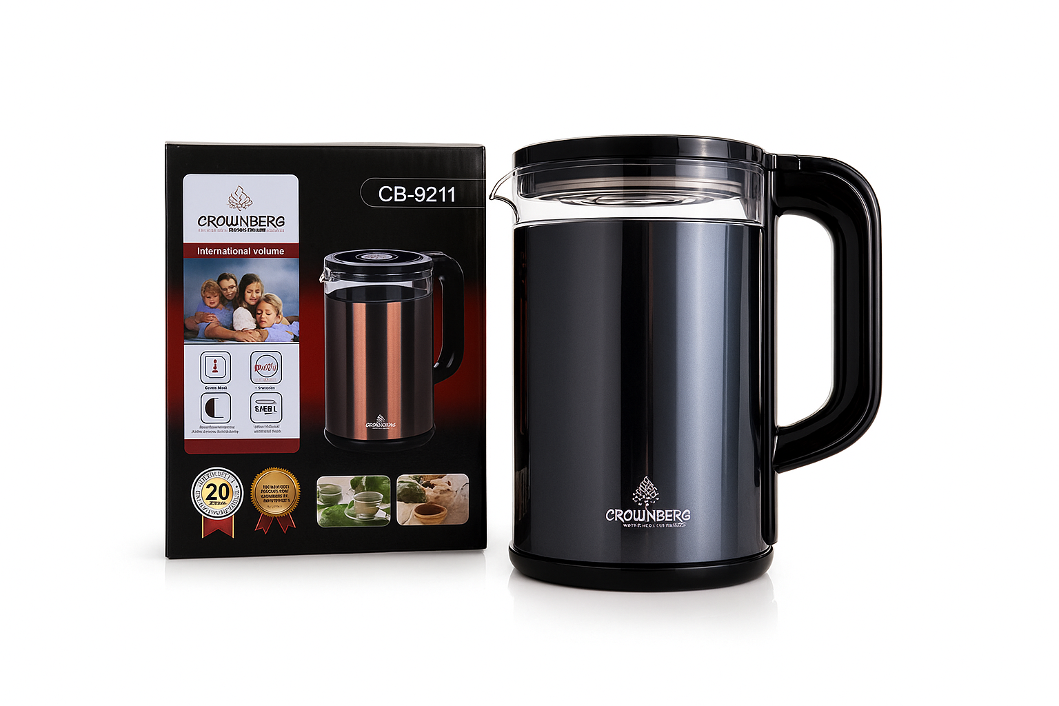 Электрочайник Crownberg CB-9211 стекло и металл/скрытый диск/360° 2 л 2200W Синий (32551218)