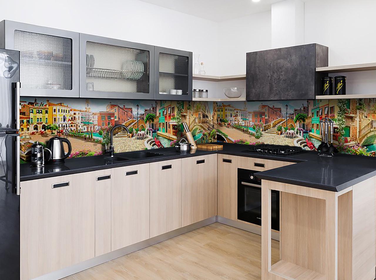 Кухонный фартук Испания цветные дома город из самоклеющейся виниловой пленки 65х250 см Бежевый