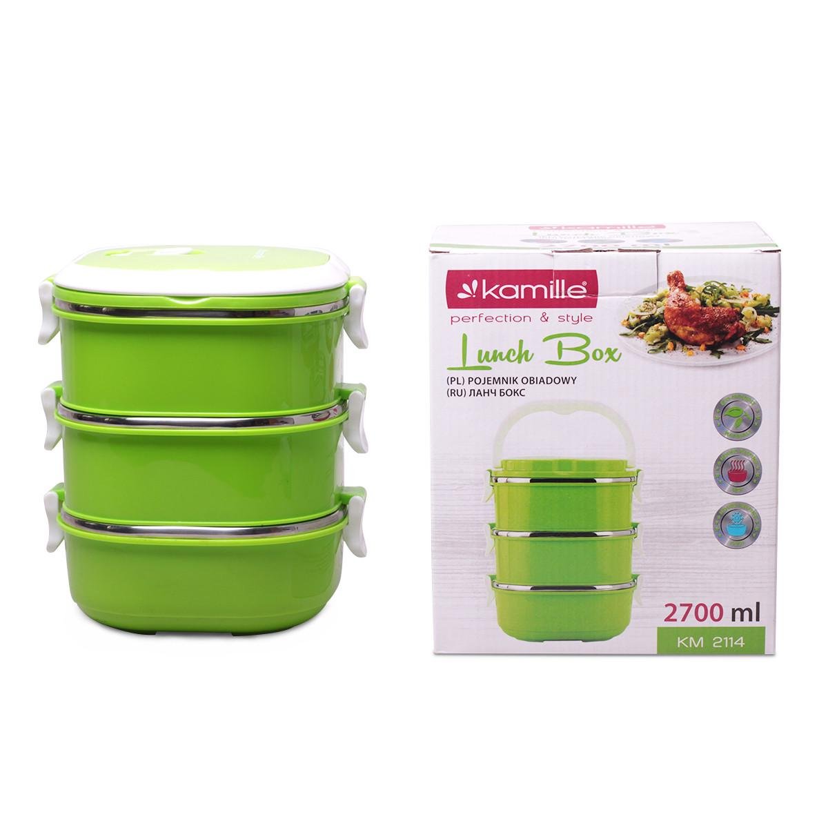 Ланч-бокс Kamille KM-2114 потрійний для обідів з ложкою пластик/нержавіюча сталь 2700 мл Зелений (29-84-2114)