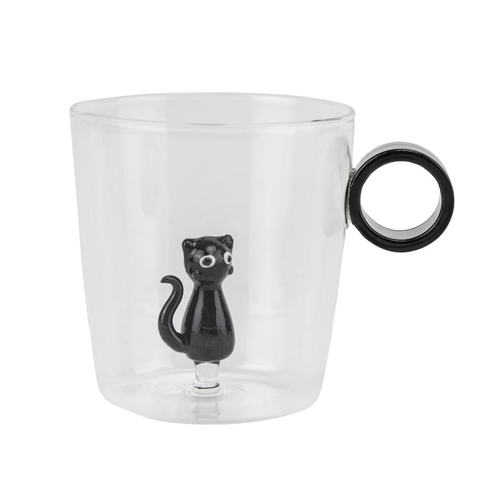 Кружка стеклянная с фигуркой Черный кот 300 мл