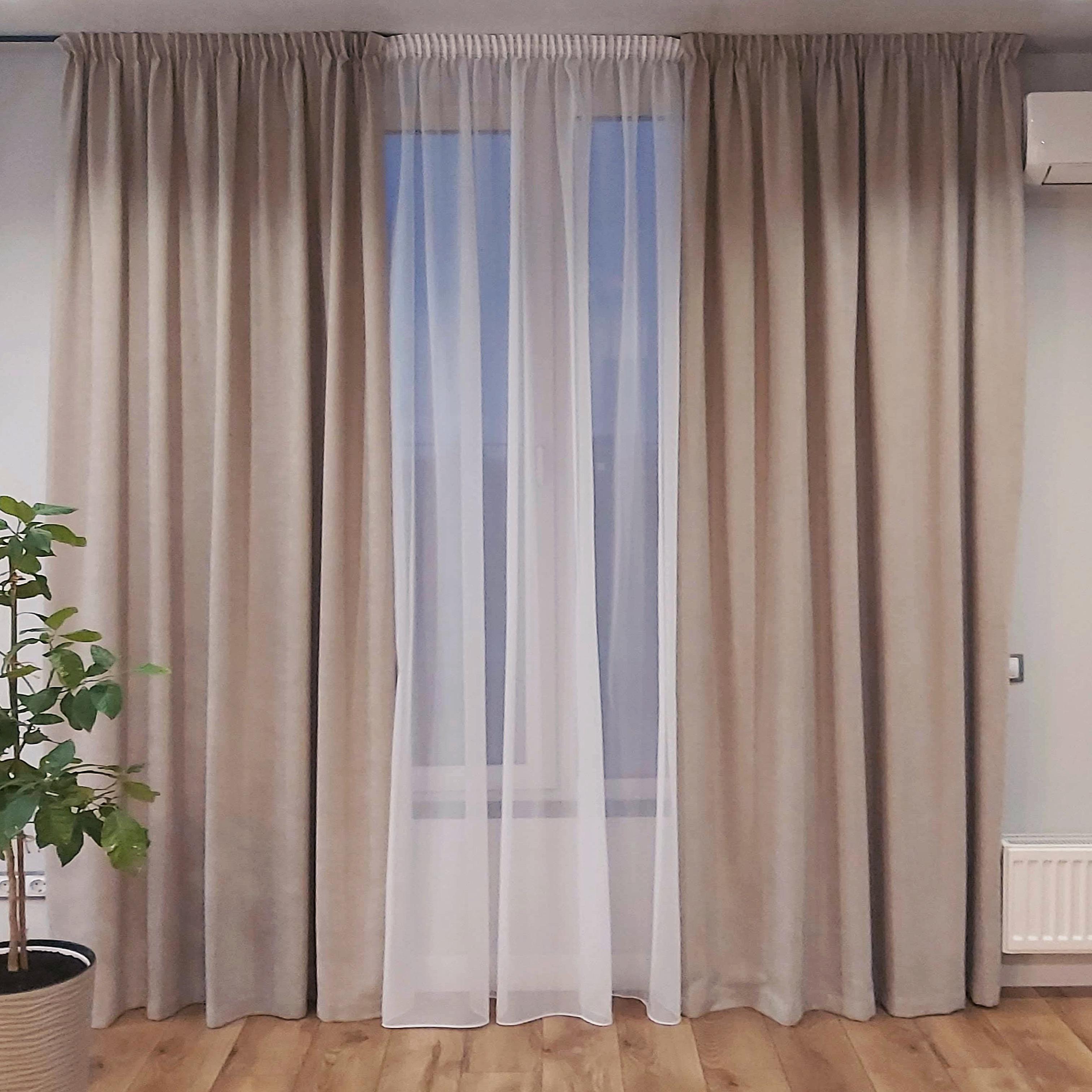 Шторы на тесьме и тюль вуаль микровелюр 220х250 см 550х250 см Бежевый/Капучино/Белый (402700-МТ201/220-550)