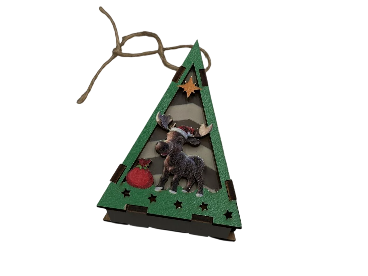 Игрушка елочная новогодняя Елочка с оленем с подсветкой из фанеры 100х70х31 мм Разноцветный (NR-112)